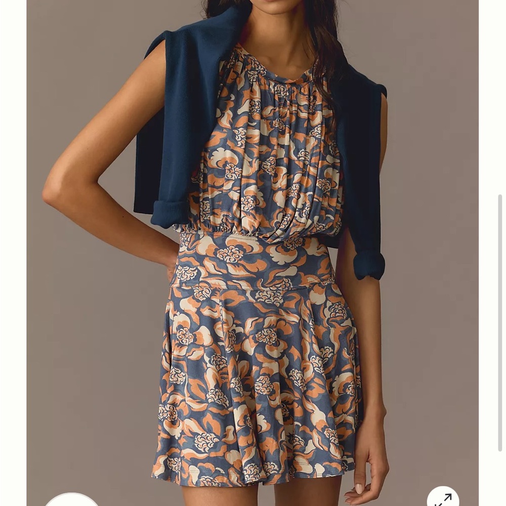 Anthropologie Blue and Orange Floral Mini Dress